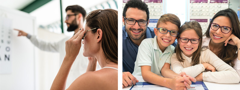 Split image - Left: Woman looking at an eye chart; Right: Group shot of family wearing eyeglasses